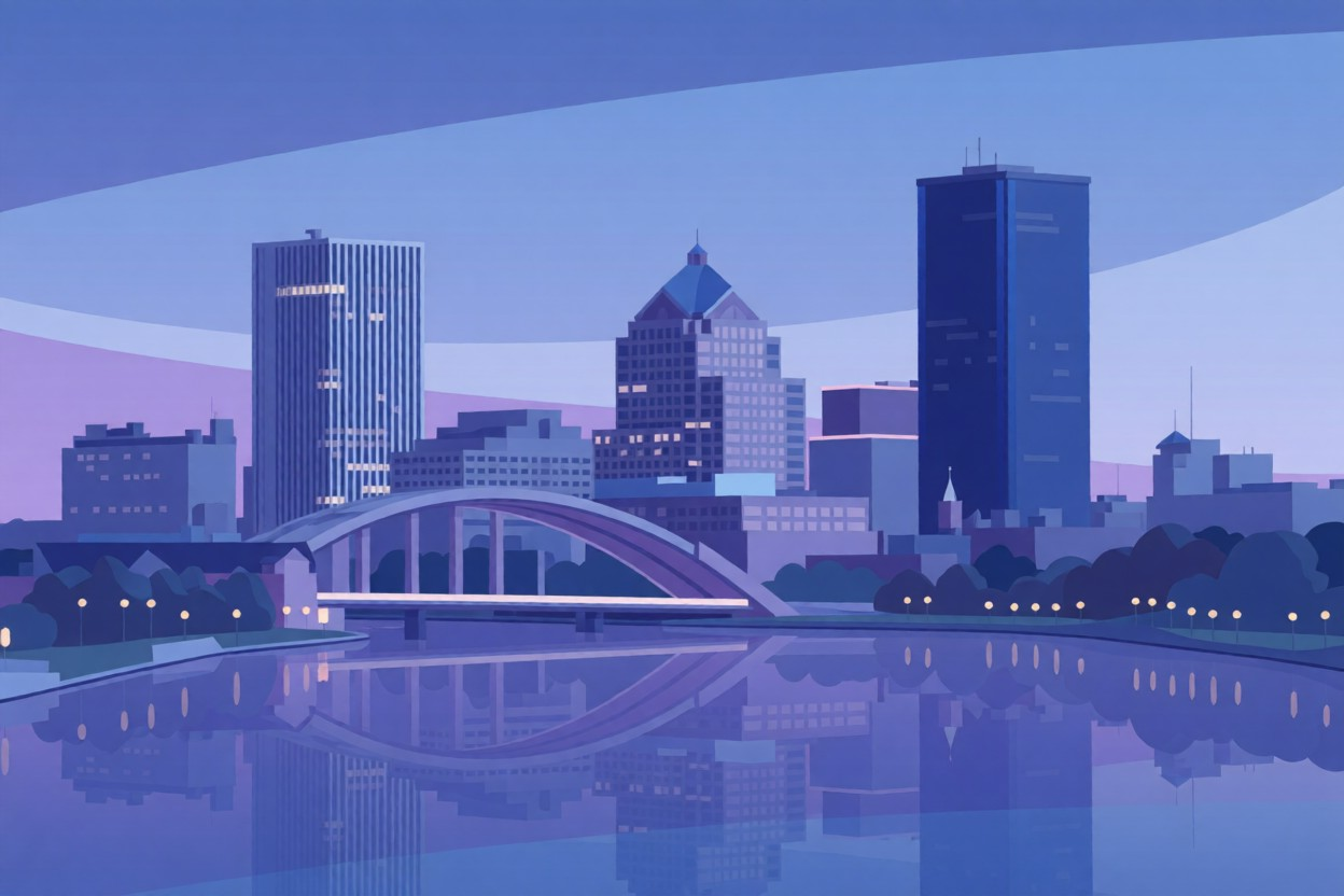 Rochester, New York Skyline featuring Xerox Tower, Kodak Building, Frederick Douglass-Susan B. Anthony Memorial Bridge
